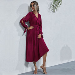 Robe midi plissée en satin Josefa - Bordeaux - VENTE FINALE 