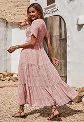 Robe longue Livingston à manches bouffantes et smocks fleuris