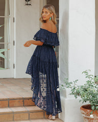Robe longue asymétrique à épaules dénudées Panache - Bleu marine 