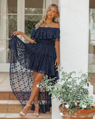 Robe longue asymétrique à épaules dénudées Panache - Bleu marine 