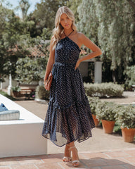 Robe midi dos nu à détails métalliques remarquables - Bleu marine - VENTE FINALE 
