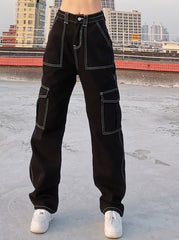 KittenAlarm - Tendances mode femme : jeans baggy à poches et patchwork, streetwear, 100 % coton, pantalon cargo ample, style coréen Harajuku