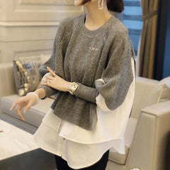 Loose Shirt Patchwork Layered Knit Pullover Sweater
