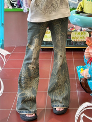 KittenAlarm - Jean évasé vintage pour femme, imprimé rétro, pantalon slim, sexy, tendance, taille haute, style punk Harajuku, coupe droite 