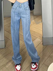 KittenAlarm - Jeans Vintage Femme 2024, Nouveau Jean Taille Haute Coréen Coupe Slim Droite 2 Boutons, Style Streetwear Chic et Décontracté