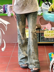 KittenAlarm - Jean évasé vintage pour femme, imprimé rétro, pantalon slim, sexy, tendance, taille haute, style punk Harajuku, coupe droite 