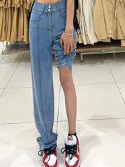 KittenAlarm - Jeans Vintage Femme 2024, Nouveau Jean Taille Haute Coréen Coupe Slim Droite 2 Boutons, Style Streetwear Chic et Décontracté