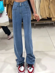 KittenAlarm - Jeans Vintage Femme 2024, Nouveau Jean Taille Haute Coréen Coupe Slim Droite 2 Boutons, Style Streetwear Chic et Décontracté