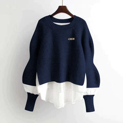Loose Shirt Patchwork Layered Knit Pullover Sweater