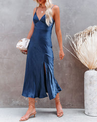 Robe nuisette midi en satin All For You - Bleu marine 
