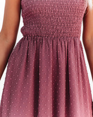 Robe longue Hazelle à pois suisses et smocks - Mauve foncé