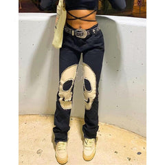 KittenAlarm - Jean taille basse à motif tête de mort pour femme, style streetwear, pantalon en denim noir, esthétique cyber Y2K, style gothique, C82-DI53