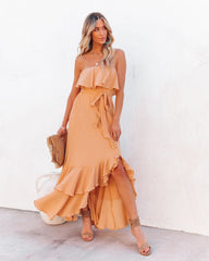 Robe longue bustier asymétrique Rosemont en coton et lin - Pêche 