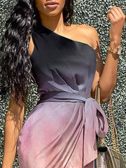 Robe asymétrique sans manches à épaules dénudées et dégradé de longueur